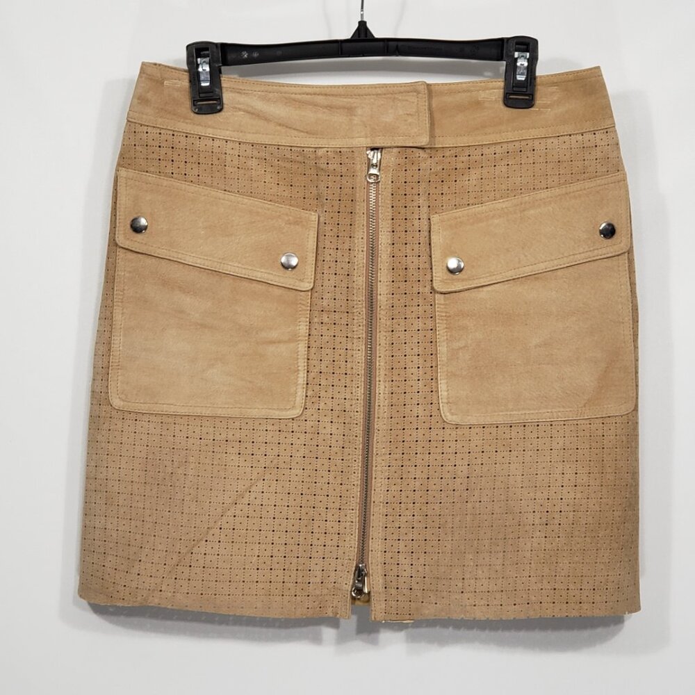 Margaret Godfrey Tan Leather Mini Skirt Zip Front Cut-out design Size 10
